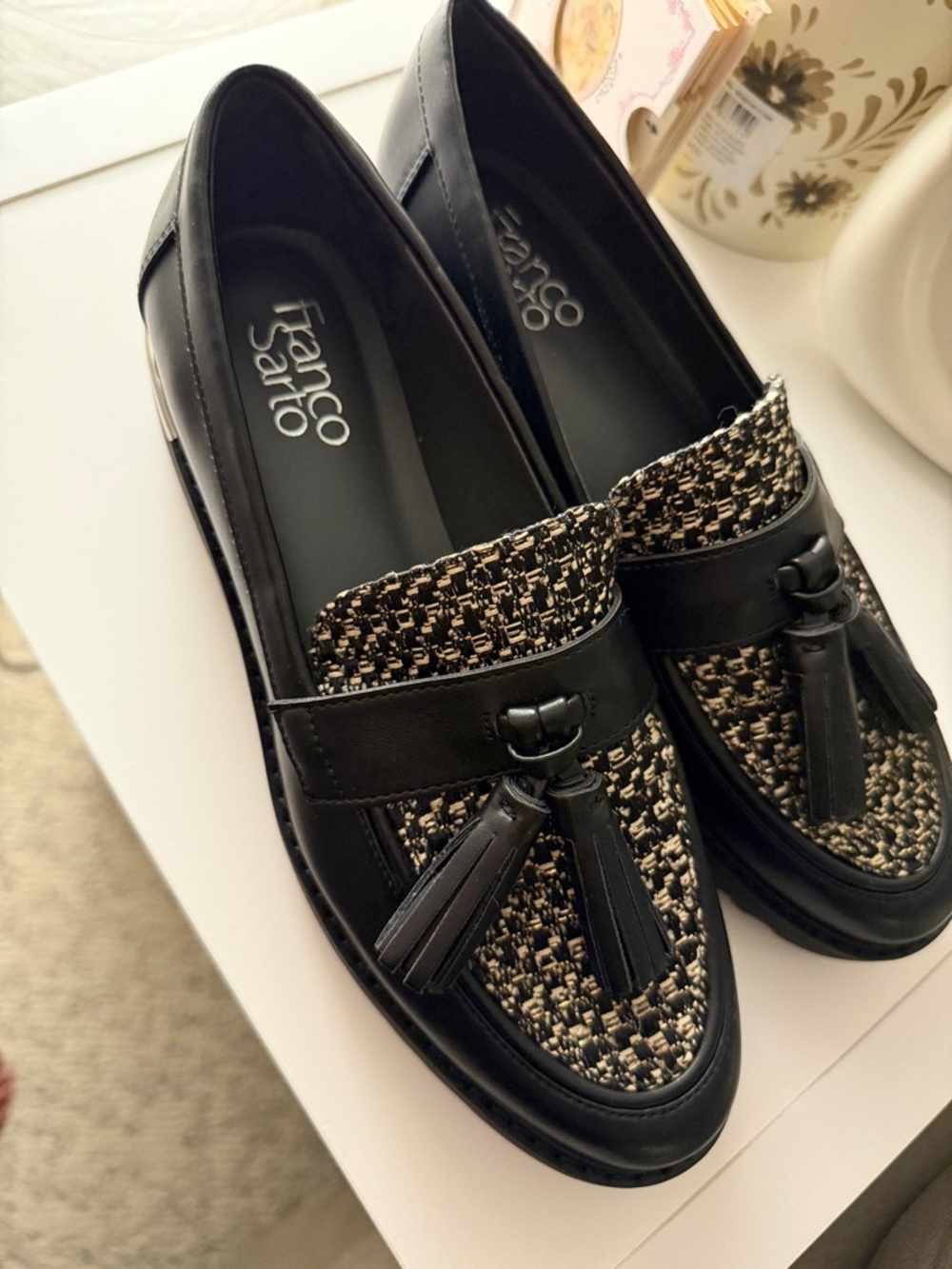 Franco Sarto Black and Tan Tweed Tassel Loafers - Picture 3 of 5